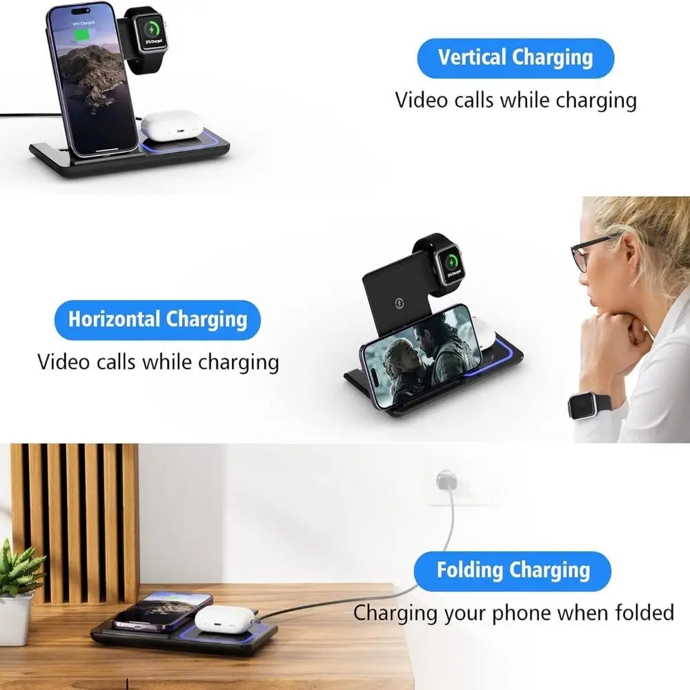 High Quality 3 in 1 Wireless Charger Portable Blue Light Indicator Fast Charging Station Foldable Charging Dock
