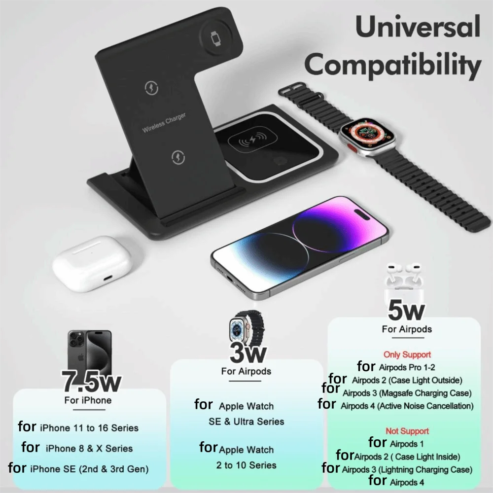 High Quality 3 in 1 Wireless Charger Portable Blue Light Indicator Fast Charging Station Foldable Charging Dock