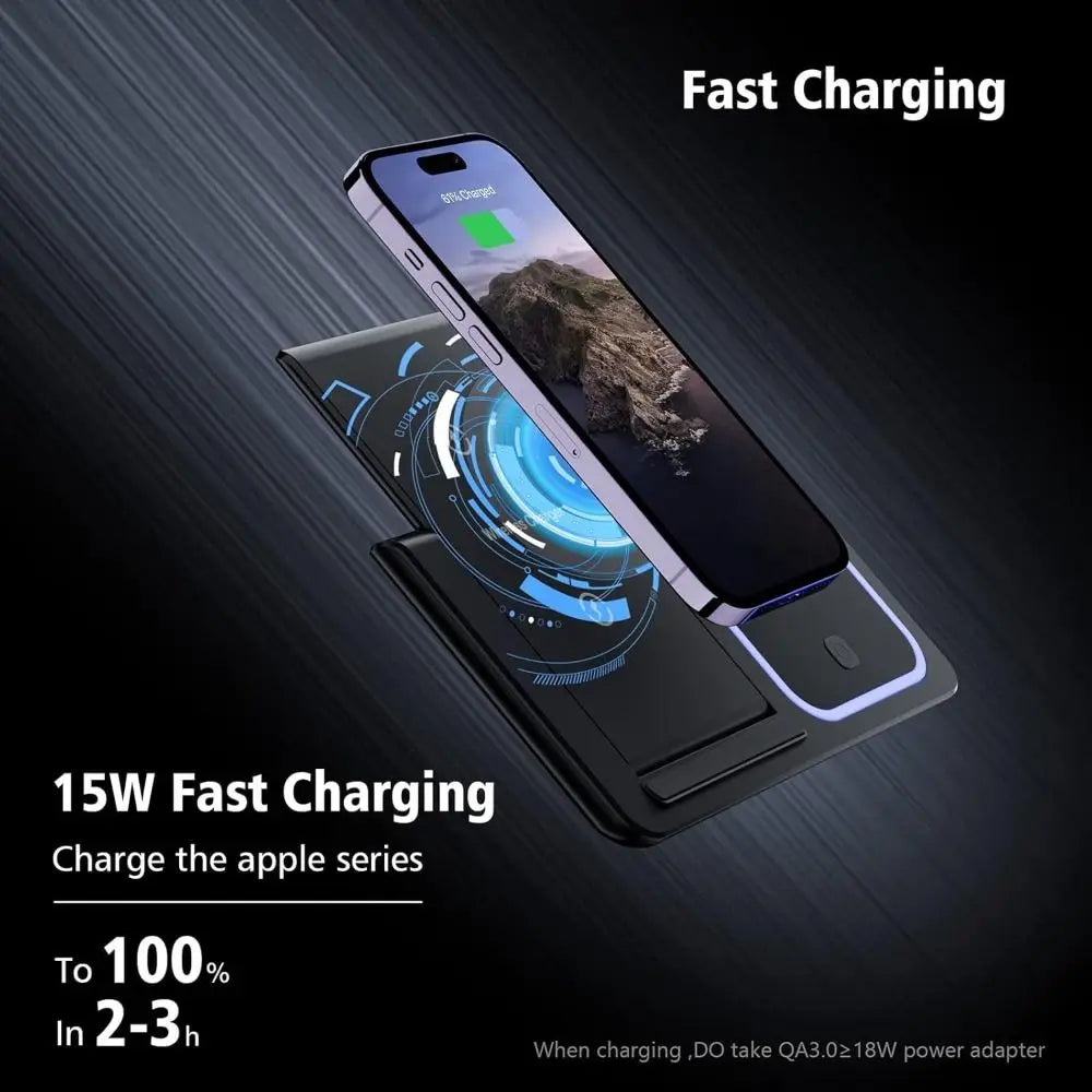 High Quality 3 in 1 Wireless Charger Portable Blue Light Indicator Fast Charging Station Foldable Charging Dock