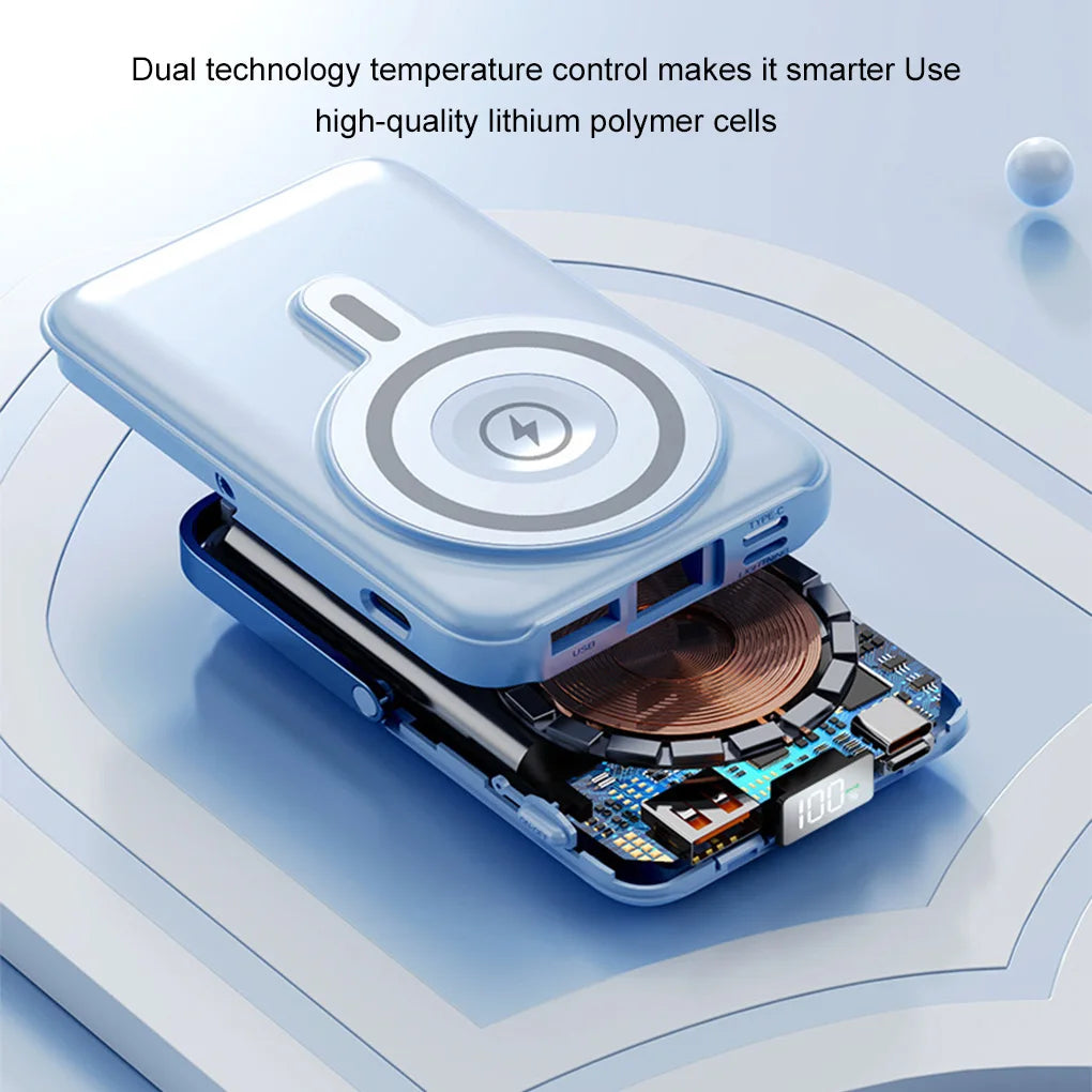 10000mAh Magnetic Power Bank Portable Wireless Charger With Cable Fast Charging External Battery Stand For iPhone 16 15